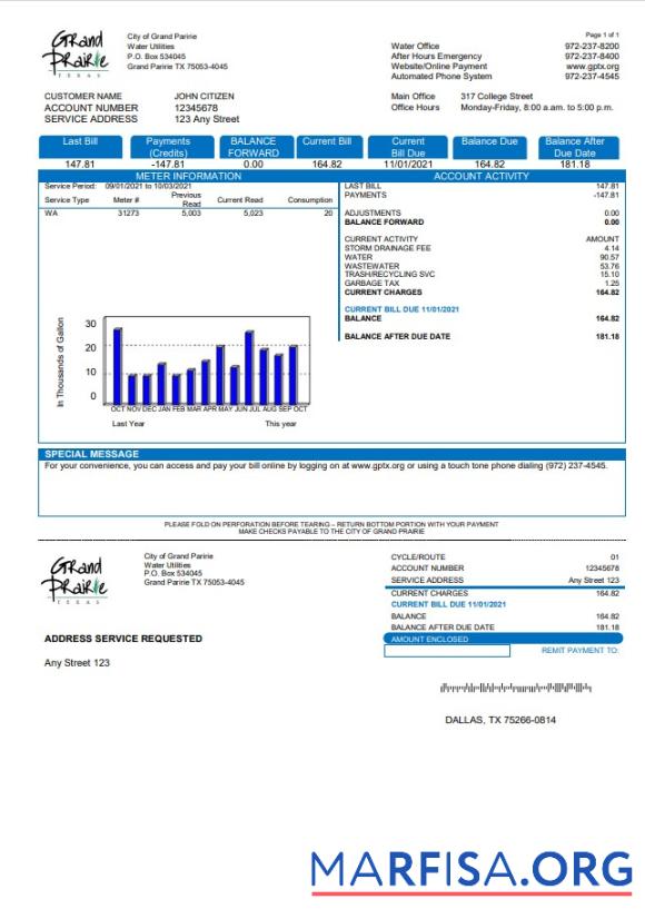 Printable USA Texas Grand Prairie utility bill template in Word and PDF format